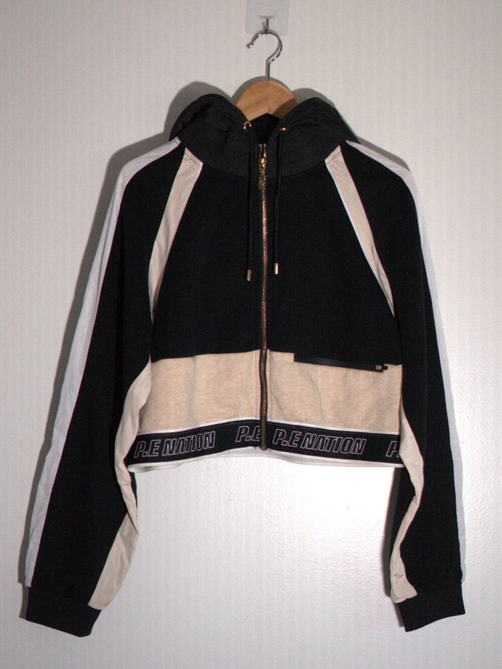 P.E Nation Forefront Cropped Zip Up Hoodie Jacket Black Cream Gold Size S